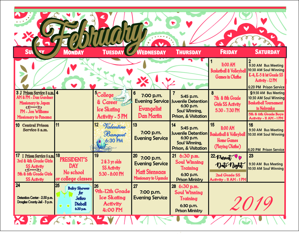 February bulletin calendar February bulletin calendar